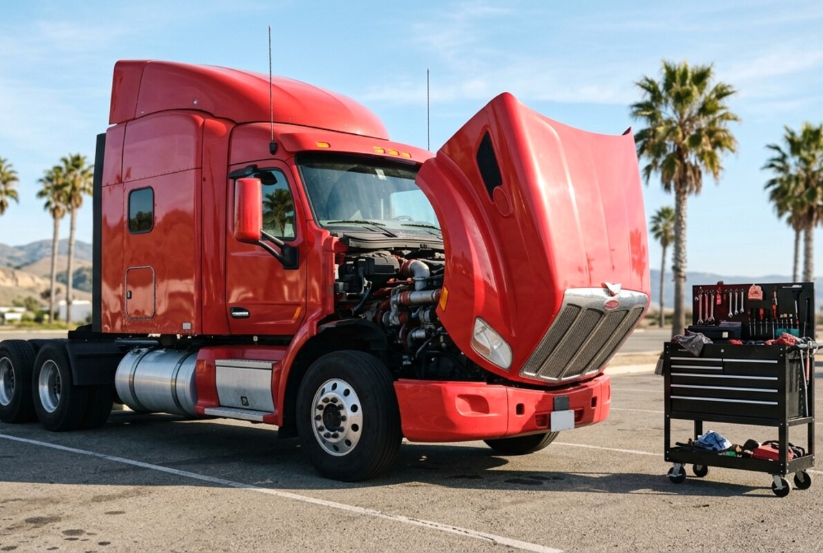 Mobile mechanic diagnosing engine fault on semi truck in Pasadena